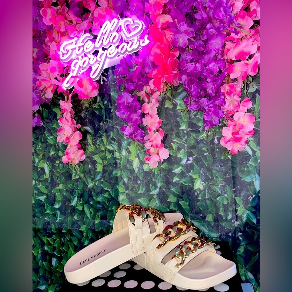 Off White Gold Chain Slip On Sandals